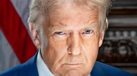 Donald Trump appears in his official presidential portrait for his second term in office. He looks directly into the camera and appears to have a raised eyebrow. He is wearing a blue tie and white shirt with an American flag lapel on the left side of his suit jacket