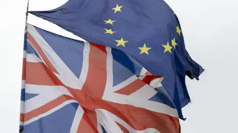 PA Wire A British flag, and an EU flag, flying in the sky.