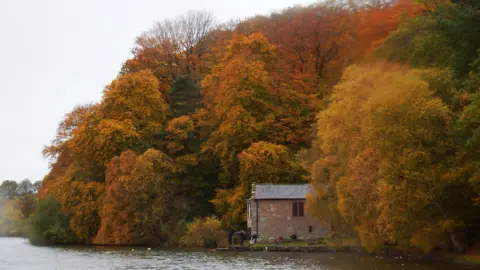 BBC Weather Watchers/Paul Grindley A shot looking down Talkin Tarn towards a boat house which is completely surrounded by red and orange autumnal trees. 