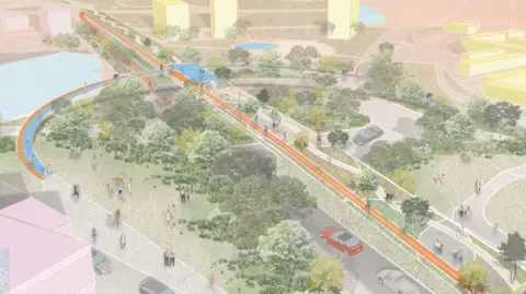 LDRS Artist's impression of the condemned flyover repurposed as a walking and cycling link. The overview shows people walking on a path along the top of the structure which is also planted with trees and shrubs. There are more trees and shrubs planted underneath, with people strolling along a network of paths and a few parked cars.