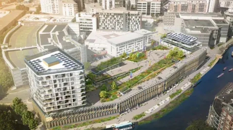 Royal Armouries Artist's impression showing the redeveloped waterfront, with a green space surrounded by buildings and a large surrounding wall.
