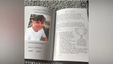 Supplied A photo of the inside of a school yearbook. On the left-hand page there is an image of Billy Davies wearing a white T-shirt while sitting outside in what looks like a beer garden above the dates 2006-2025. On the right is a written tribute from one of his teachers.
