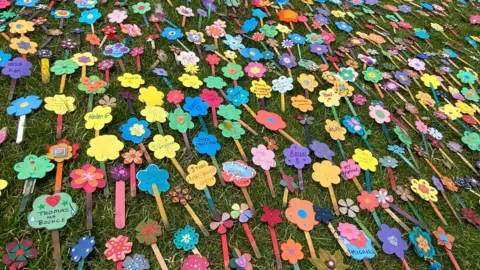 Transform Drug Policy Foundation A section of the thousands of multi-coloured paper flowers laid out on College Green. 