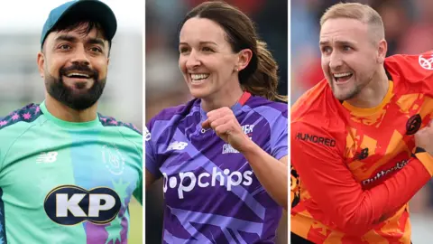 Rashid Khan, left, Kate Cross, centre, and Liam Livingstone split picture