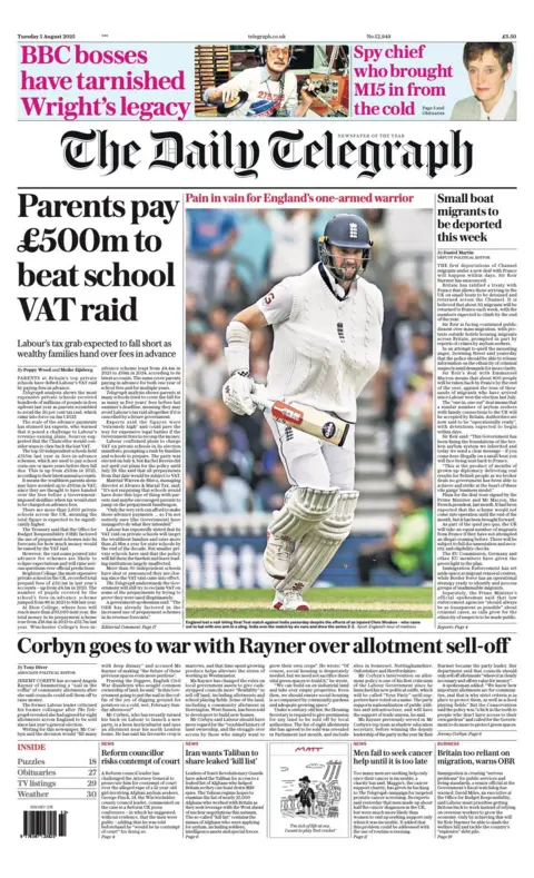 The headline on the front page of the Telegraph reads: "Parents pay £500m to beat school VAT raid".