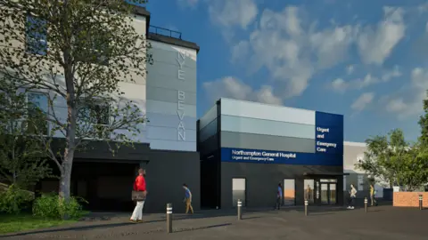 Northampton General Hospital An artist's impression of a modern entrance to a hospital. It includes computerised drawings of several people walking past and trees on the left and the right.