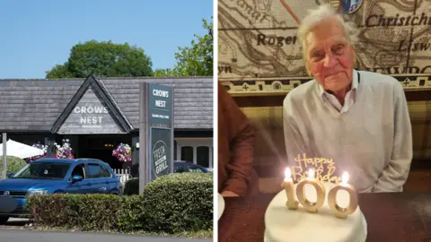 Comp image of The Crow's Nest Pub exterior with a blue car parked in front of the entrance and a man in a white jumper with a birthday cake with the candles saying 100 on it.