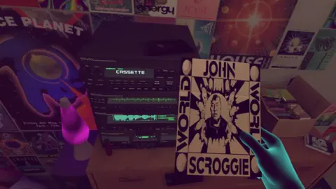 In Pursuit of Repetitive Beats A virtual reality hand holds a ticket for a secret rave, in front of a desk with a music system and posters in view