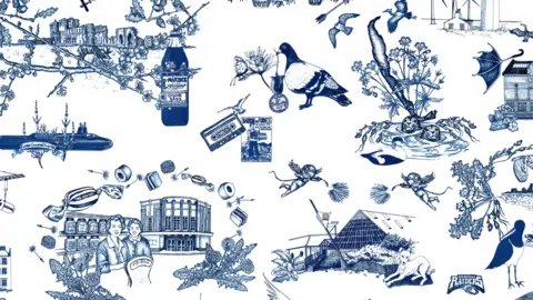 Theatre Factory The artwork on a white background, with navy illustrations, some showing sweets, a pigeon, flowers, buildings. 