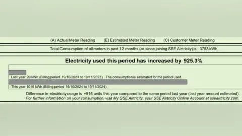 Dr McAllister A bill on green paper saying electricity used this period has increased by 925.3%