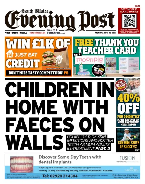 South Wales Evening Post South Wales Evening Post newspaper front page shows main headline: 'Children in home with faeces on walls'. Other headlines on the front page are: 'Ramsey opens up on split from city', 'Can Mimi serve up success?'.