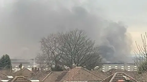 Mark Smith Smoke going high into the air in the distance. Rooftops and some trees are in the foreground.