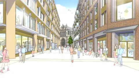 Castlebrooke Investments Artist's impression of part of the Tribeca scheme in Belfast. It shows pedestrianised street with shops and offices on either side with a cathedral at the end. The people are all in pastel colours.