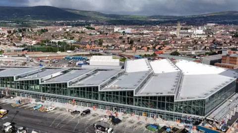 Pacemaker An aerial view of a rail and bus station in central Belfast