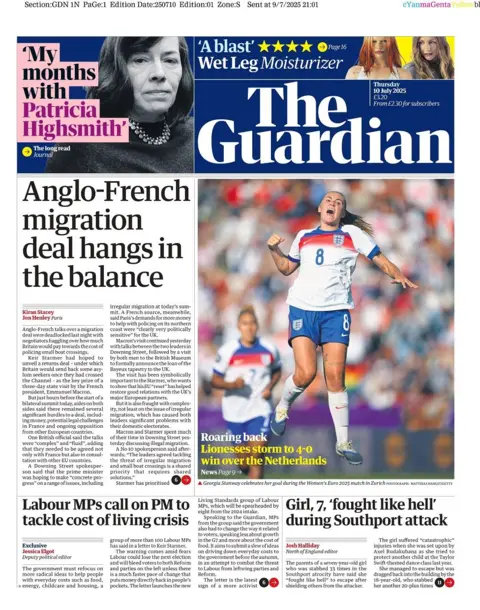 The front page of the Guardian for 10 July.