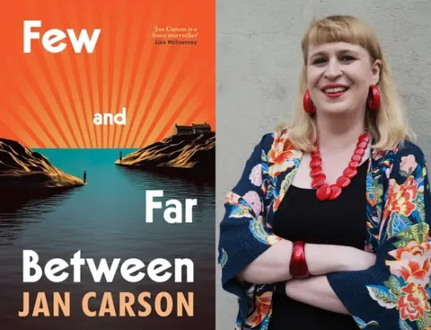 Doubledy / Getty Images Few and Far Between book cover (orange sunset with a blue water ripple foreground) next to an image of Jan Carson who is a woman looking to camera in a colourful floral dress wearing a red necklace. She has shoulder length blonde hair.