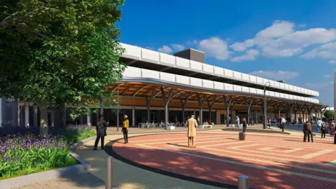 WYCA People mill about a large concourse outside a white two-storey building. It is a computer generated image.