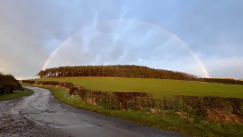 yorkshiresnapper A large, thin rainbow above a woodland. There is a road in the foreground, with a field behind which is cast in an orange light. The road is damp and the sky is blue with some small, grey clouds.