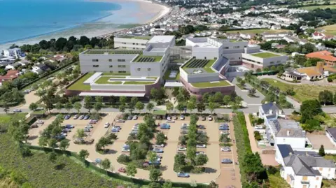 Government of Jersey Artists impression of the hospital plans - there's a large car park and behind that a set of large white buildings with green areas and the sea and a beach beyond 