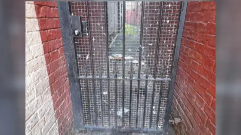 LDRS Close-up photo of a black gate which you can see through into a narrow passageway. Various litter can be seen on the other side of the gate.