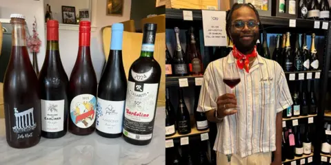 Henry Alassane Composite images - one shows five bottles of red wine lined up, the other shows a man stood in front of shelves of wine bottles, holding a glass of red wine.