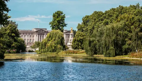 Getty Images A general view of St James's Park in London, with the pond pictured in front of trees with plenty of leaves and Buckingham Palace and Victoria's Statue visible in the background