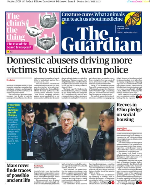 Guardian front page with headline: "Domestic abusers driving more victims to suicide, warn police"