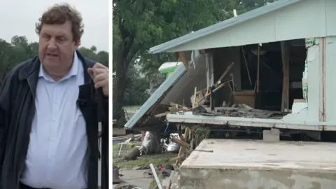 BBC's Gary O'Donoghue on left side, and destroyed house on right side