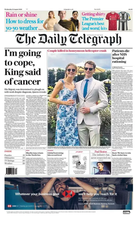 The headline on the front page of the Daily Telegraph reads: "I'm going to cope, King said of cancer."