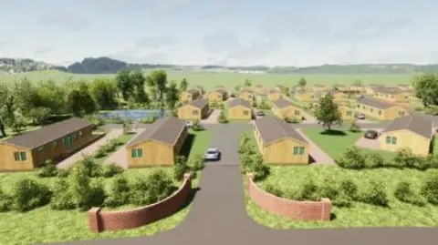 A CGI image of park homes - single storey wooden lodges in green space