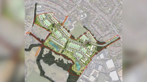 Keepmoat An graphic of the planned development superimposed over a drone shot of Brislington. 