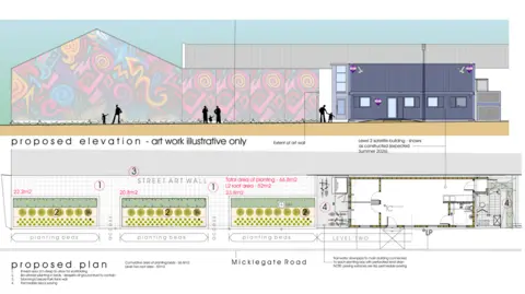 Supplied/Robert Allerton Architects plans showing the side of a large warehouse-shaped building with a two storey container building alongside