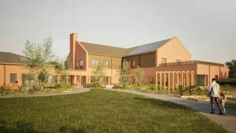 An architects impression of a hospice. It features a two storey building with pitched roof, and a single storey building with a hipped roof. The two buildings are linked by a single storey flat-roof structure, and a single-storey flat roof building extends from the gable of the main building. There are trees and other architectural features, and an adult and child depicted on a footpath.