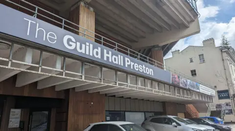 LDRS Close up on The Guild Hall Preston sign from the outside of the building.