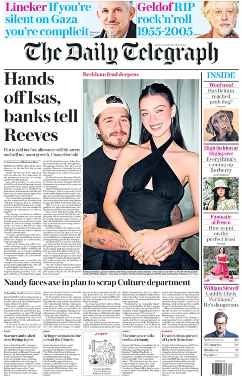 The front the Telegraph says "Hands off Isas, banks tell Reeves".
