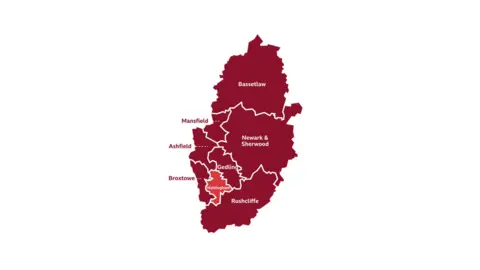 A map of the current makeup of Nottinghamshire councils