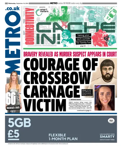 The Metro headlines reads "courage of crossbow carnage victim"