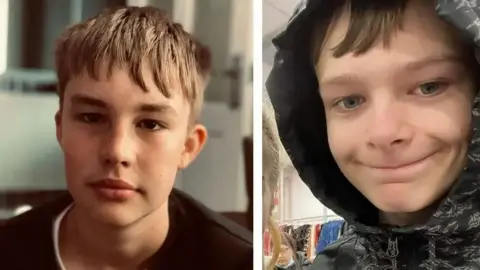 Two photos of young teenage boys, looking straight into the camera.