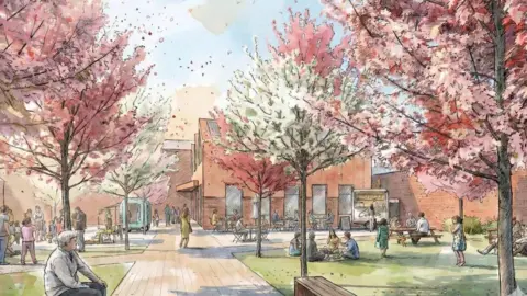 Wyre Forest District Council A second artist's impression of the new market hall, showing an outside area and a row of trees. 