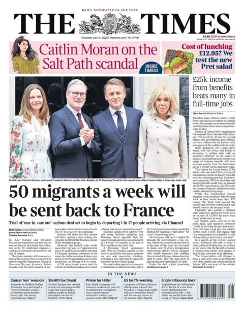 "50 migrants a week will be sent back to France" is the Times front page for Thursday.