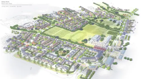 Illustrations of plans of the housing plot for the 4,115 homes, with fields and trees dotted around the houses.