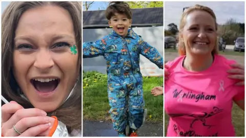 Three images edited together. On the left is a woman with her mouth open, a young boy is in the middle wearing a colourful outfit and a woman with a pink T-shirt is on the right