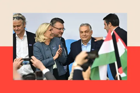 AFP via Getty Images Viktor Orban (2nd R) is flanked by Deputy Prime Minister of Italy Matteo Salvini (R), former leader of the French far-right National Rally party Marine Le Pen (2nd L), former Deputy Prime Minister of Latvia Ainars Slesers (3rd L) and Leader of the Party for Freedom Dutch Geert Wilders (L) 