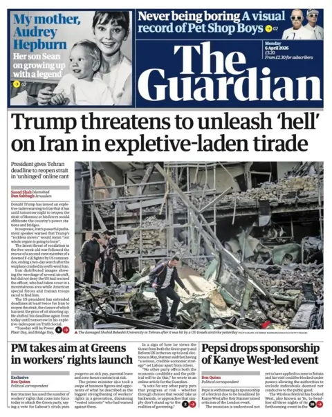 The headline on the front page of the Guardian reads: “Trump threatens to unleash 'hell' on Iran in expletive-laden tirade”.