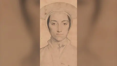 A portrait of young woman, in black ink on a beige coloured canvas. She is wearing a circular shaped hat.