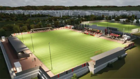 Langarth Garden Village Floodlit football stadium, showing two football pitches