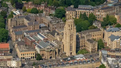 Aerial view of the University of Bristol including the Wills Memorial Building. 