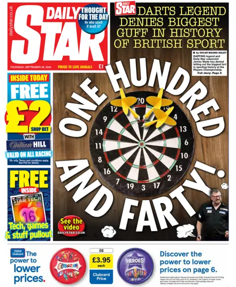 A primeira página do Daily Star. A manchete diz: “Lenda dos dardos nega o maior absurdo da história do esporte britânico”.