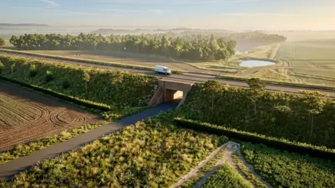 A CG image of a road surrounded by trees and fields with a single white van travelling on it