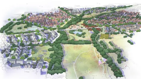 Bloor Homes and Persimmon Homes/Cheltenham Borough Council Artist's impression of the development, showing houses in sections surrounded by trees